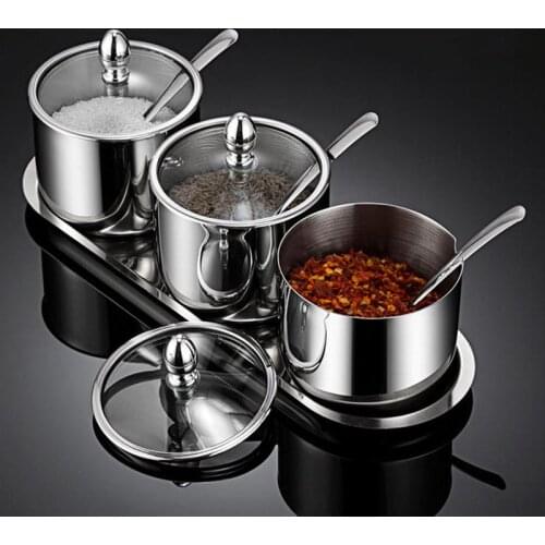 1 Set Stainless Steel Seasoning Boxes With Tray Condiment Bottles Spice Jars Kitchen Organizer Storage Jar Mental Salt Bottle