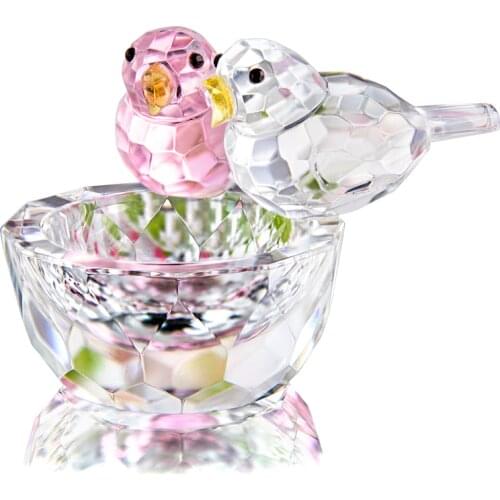 H&D Handmade Crystal 2 Birds on A Bowl Figurines Collection Art Glass Jewelry Ring Holder Status for Table Home Decor