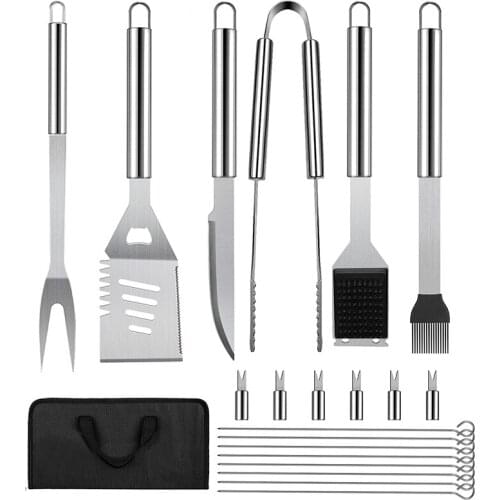 21Pcs BBQ Grill Set with 4-in-1 Spatula, Stainless-Steel Skewers, Steel Wire Cleaning Brush, Grilling Tongs, Corn Holder