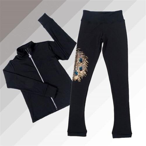 2019New FigureSkating Jacket with Pants Womens Girls' Ice Skating Pants Trousers Top Black Colorful peacock rhinestone pattern