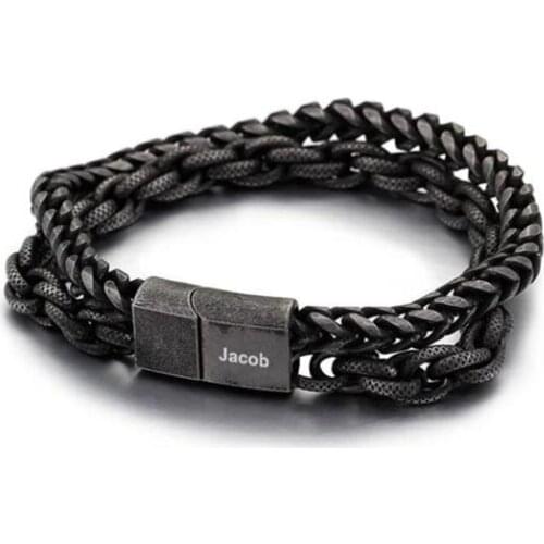 Personalized Name Punk Men Jewelry Braided Chain Bracelet Black Stainless Steel Magnetic Clasp Fashion Bangles Gift For Birthday
