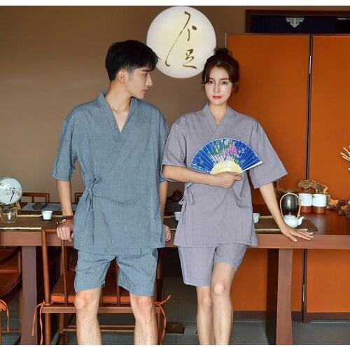 Japanese Style Yukata for Adult Couples Clothing Woman Kimono Cotton Short V-neck Man Jinbei Pajamas Sleepwear Clothing Set