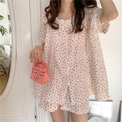 100% cotton summer pajamas set women short sleeve cardigans shorts 2 piece set homewear cherry sleepwear soft home suit Y534