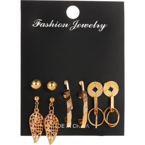 Retro Alloy Hollow Leaves Geometric 6 Pairs Set Pendant Earrings For Women Fashion Exaggeration Metal Stud Jewelry Wholesale