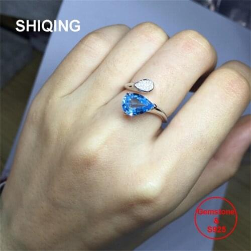 SHIQING Nature topaz ring, blue gemstone ring, water drop silver rings