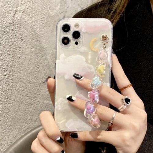 Cute Colored Clouds Phone Case for Iphone 12 11 Pro Max 7 8 Plus X XR XS Max SE2 Soft Clear Cloud Cover with Love Heart Bracelet