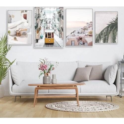 Nordic Santorini Pink Building Landscape Canvas Poster Yellow Bus Plant Leaves Wall Art Print Picture Scandinavian Decor