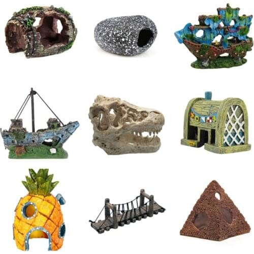 Resin Aquarium Artificial Stone Decoration Wreck Boat Ornament Ceramic Stone Ornament Shelter Rock Cave For Fish Shrimp Hiding