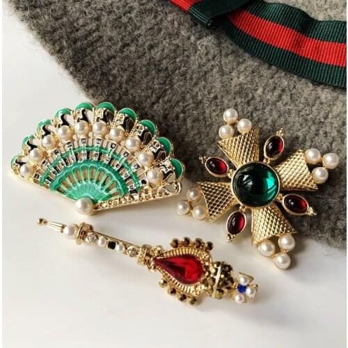Sweet Fan Crown Cross Brooches For Women Vintage Decoration Pins