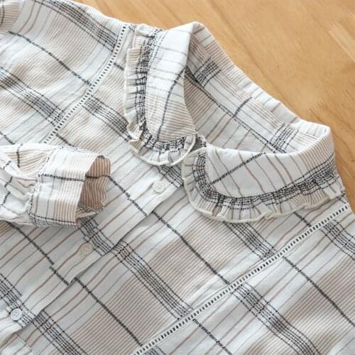 Lamtrip England Style Plaid Super Soft Cotton Yarn Peter Pan Collar Long Sleeve Women Shirt Blouse 2021 Autumn Winter