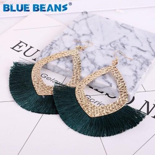 Handmade women tassel green earrings bohemian statement luxury long earring geometric fringe fashion big tribal star face ethnic