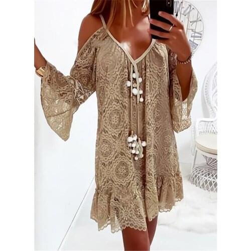 Elegant lace hollow out mini shift dress Women 3/4 flare sleeve v neck smock dress Summer khaki/pink casual boho beach dress