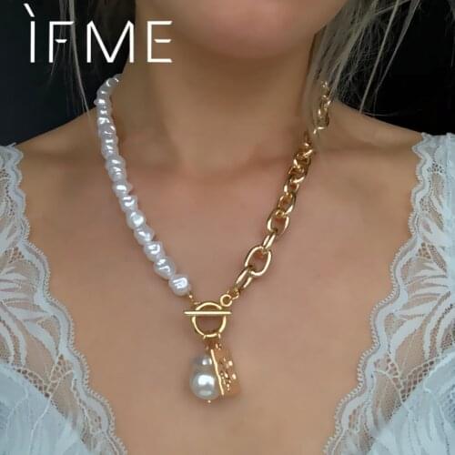 IF ME Vintage Aesthetic Irregular OT Lock Baroque Pearl Long Thick Chain Choker Necklace Pendant for Women Asymmetric Jewelry