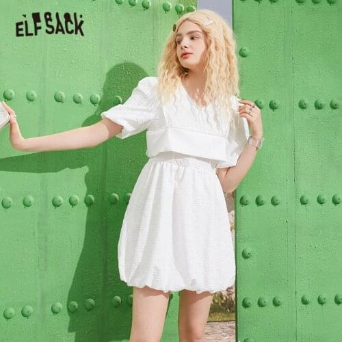 ELFSACK Solid Pure Chic Pearl Casual Vintage Dresses Women,2021 Summer Stylish Puff Sleeve Korean Ladies Party Dress