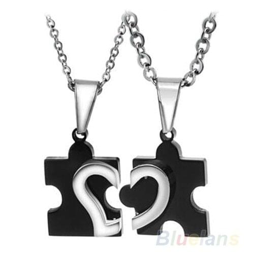 1 Pair 2014 New Mens Womens Couple Lovers Stainless Steel Love Heart Puzzle Necklaces & Pendants 09I8