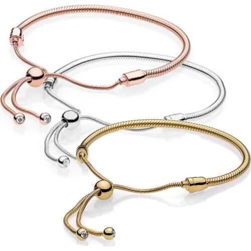 Kakany 100%925 Sterling Silver 1: 1 True Charm Gold Rose Sliding Basic Bracelet Suitable For Diy Beaded Original Womens Jewelry