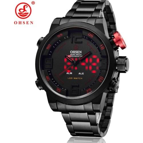 OHSEN Male Clock Digital LED Sport Watch Mens Top Brand Luxury Steel Band Wrist Watch Dual Dispaly Quartz-Watch Reloj Hombre