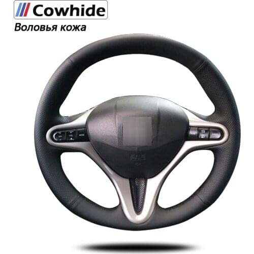 Handsewing Black Genuine Leather Steering Wheel Covers for Honda Civic 8 2006-2009 (3-Spoke)