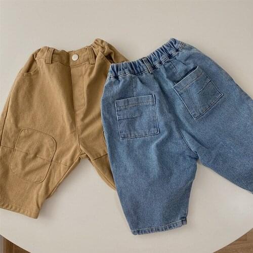 Childrens New Korean Casual Denim Pants Handsome Loose Patch Elastic Waist Casual Jeans Toddler Boys Cowboy Trousers Jeans 2-7Y