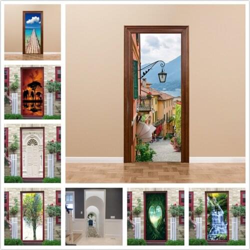 Town Sliding Glass Door Sticker Room Decoration DIY Self Stick Wallpaper Vinyl Removable Poster Living Room Decals deursticker