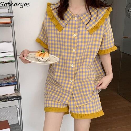 Summer Pajama Sets Women Sweet Ruffles Plaid Short Sleeve Loungewear Female Single Breasted Cozy Turn-down Collar Korean Style