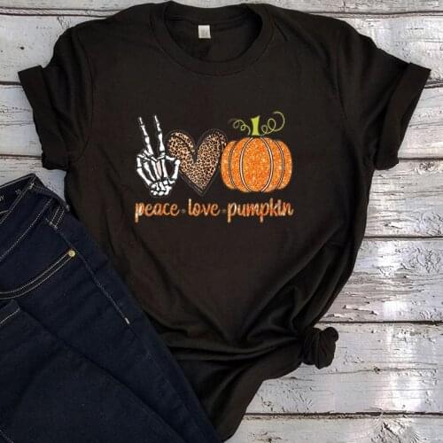 Peace Love Pumpkin Shirt Horrible T-Shirt Halloween Pumpkin Woman Tshirts Harajuku Funny Skeleton Graphic Tee Cartoon Black