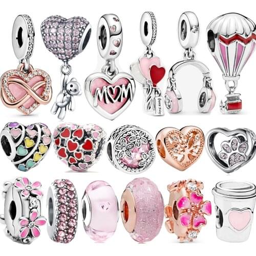 Authentic S925 Silver Charms 925 Sterling Lovely Pink Heart Earphone Charm fit Pandora Bracelet and Necklace Girl Gift Jewelry
