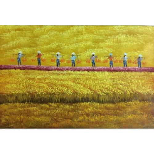 Hand Painted Modern Abstract Vietnam Harvest Scene Beautiful Landscape Oil Painting Canvas Wall Art Picture for Living Room