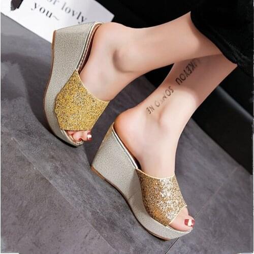 Fashion Women Beach Sandals Wedges Thick Platform Summer Party Slippers 9cm High Heels for Ladies Dress Blingbling Sexy Shoes