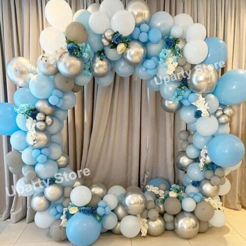 162Pcs Macaron Balloons Arch Baby Blue Gray White Metallic Silver Balloon Garland Birthday Balloons for Baby Shower Party Decor