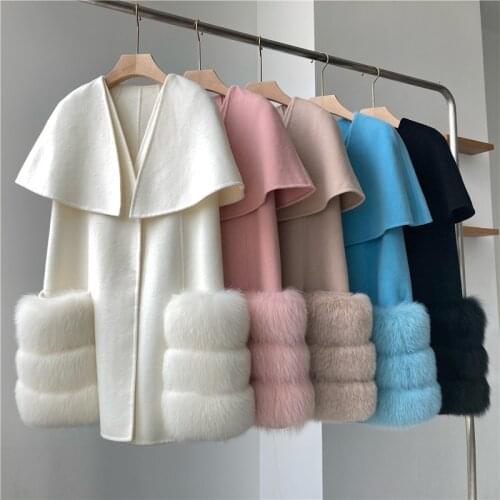 High-Quality Double Face Wool Cashmere Blend Cloak Shawl Woman Coat 2021 Fashion Natural Fox Fur Patchwork Overcoat