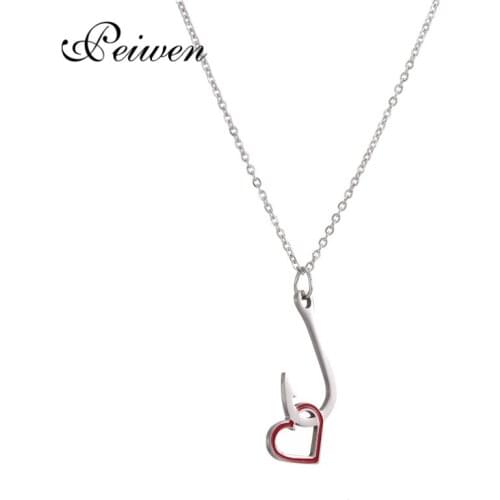 New Fishing Hook Red Heart Pendant Necklace Stainless Steel Silver Color Chain Link Necklaces For Women Men Charm Choker Jewelry