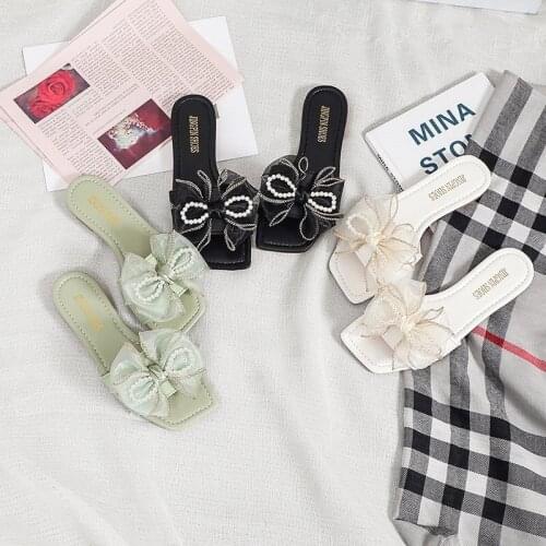 Pearl String Bead Fashion Slippers New Summer Slipper Women Shoes Woman Slides Bow Knot Beach Flat Slippers Flip Flops Plus Size