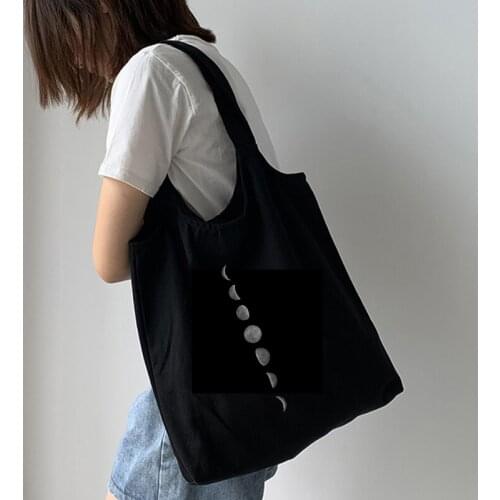 Ladies Shoulder Bag Holder Black Canvas Bag Travel Space Harajuku Kawaii Handbag Large Capacity Foldable Shopping Bags Storage