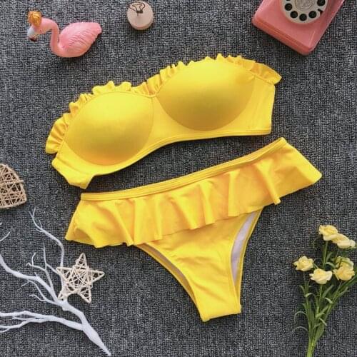 Women newest bikini set Swimming Bandeau Push up padded Bra sexy Ruffles Beach Wear Bathing Swimsuits 2pcs Female Solid Biquinis