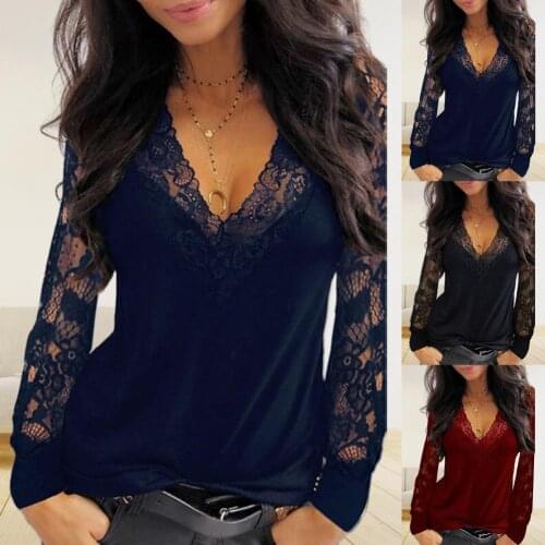 Women Elegant Lace Patchwork Blouse Shirt Deep V Neck Spring See-Through Mesh Long Sleeve Pullover Tops Office Lady Solid Blusa