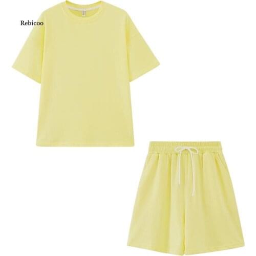 Summer tracksuits womens two peices set leisure outfits cotton oversized t-shirts high waist shorts candy color clothing