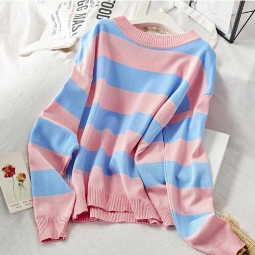 Autumn new O-neck long-sleeved striped loose thin section knit bottoming sweater women