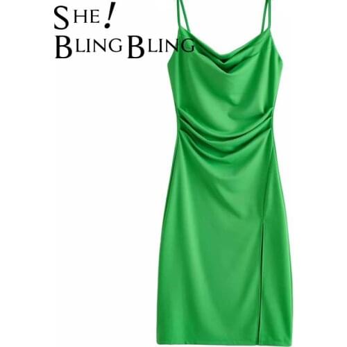 SheBlingBling Za Woman 2021 Green Midi Dress Summer Sleeveless Draped Collar Ruched Thin Strap Casual Pencil Split Traf Dress