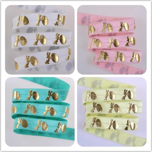 5 colors gold foil Easter bunny hides egg Printed foe elastic 5/8" fold over elastic 50 yards per lot