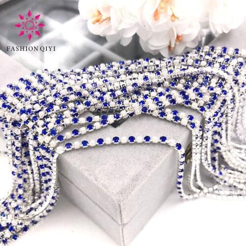 5 yards 2mm Sliver base Royal Blue glass crystal rhinestones pearls mixed with claw sew on cup chain diy clothing accessories