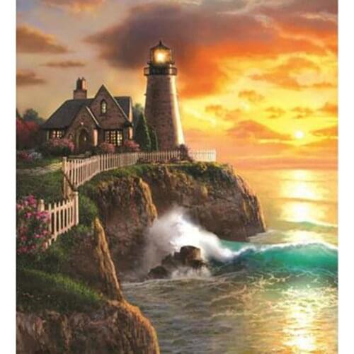 5D DIY Diamond Painting Landscape Painting Seaside Lighthouse Picture Square Round Diamond Embroidery Cross Stitch Gift WG2825