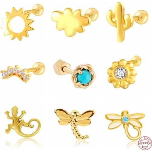 GS 925 Sterling Silver Turquoise Diamond Stud Earrings For Women Cute Animal Dragonfly Cactus Cloud Ear Stud Fine Jewelry 1PC