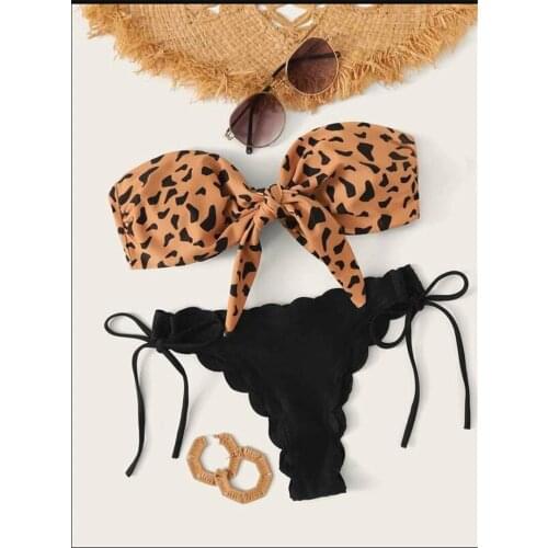 Beach Bikini 2020 Woman Sexy Front Lace Up Tie Strapless Leopard Swimsuit Female Push Up Ruffled Bow Bathing Suit Thong Swimwear