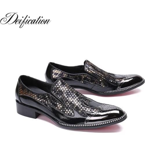 Deification Mens Italian Leather Shoes Chic Sequin Studded Loafers Slip on Prom Shoes Men Casual Shoes Luxury Brand Office Flats