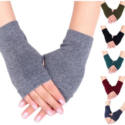 Unisex Cotton Knitted Fingerless Gloves Solid Color Stretchy Thumb Hole Mittens
