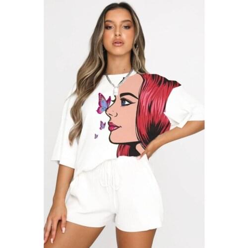 Two Piece Set Women Summer New Short-sleeved T-Shirt + Straight Shorts Urban Casual Shorts Suit Girl Tracksuit Butterfly White