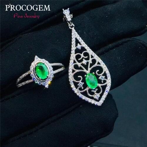 PROCOGEM Natural Emerald jewelry sets for Women gifts Fine Jewelry set Ring Necklace Real Green Gems 925 Sterling silver #749