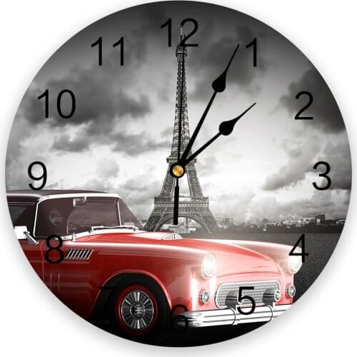 Paris Car Overcast Red Art Wall Clock Kitchen Home Living Room Decorative Kitchen Wall Decor Hanging Clocks