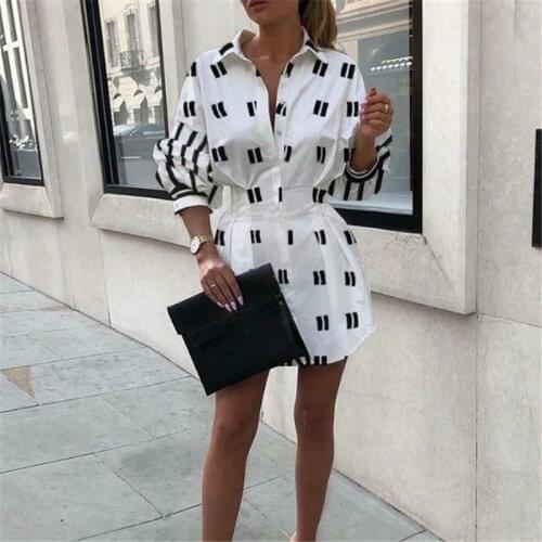 Fashion Elegant Stripe Print Tight Waist Shirt Dress office Lady Autumn long sleeve mini dress Turn Down Collar button dresses